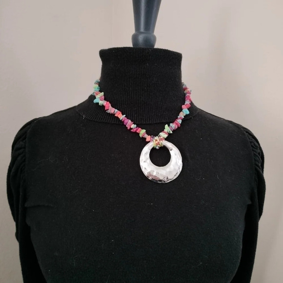 Seed Beaded Chain Lobster Clasp Silver Tone Pendant Necklace - Picture 4 of 8